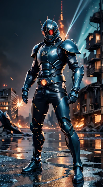 (kamen rider, (standing), kamen, full body detailed, detailed hands, good fingers, good hands, good legs, low hood, ((epic burning city)), ruins, floating, explosion, debris, some fire and glitter background, ultra hd, ultra realistic texture, (flare lens:1.2), (long shot:0.9), (blue armor:1.5), rider belt