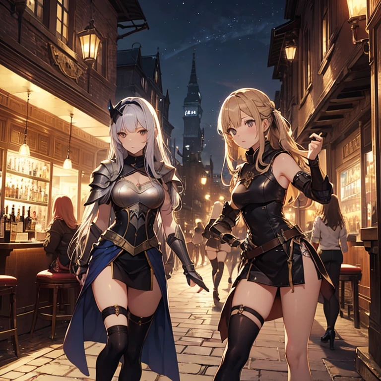A group of  female medieval fantasy adventurers, (in bar), various hair styles, harem, night, details face, short skirt, seducing, sleeveless, armor 