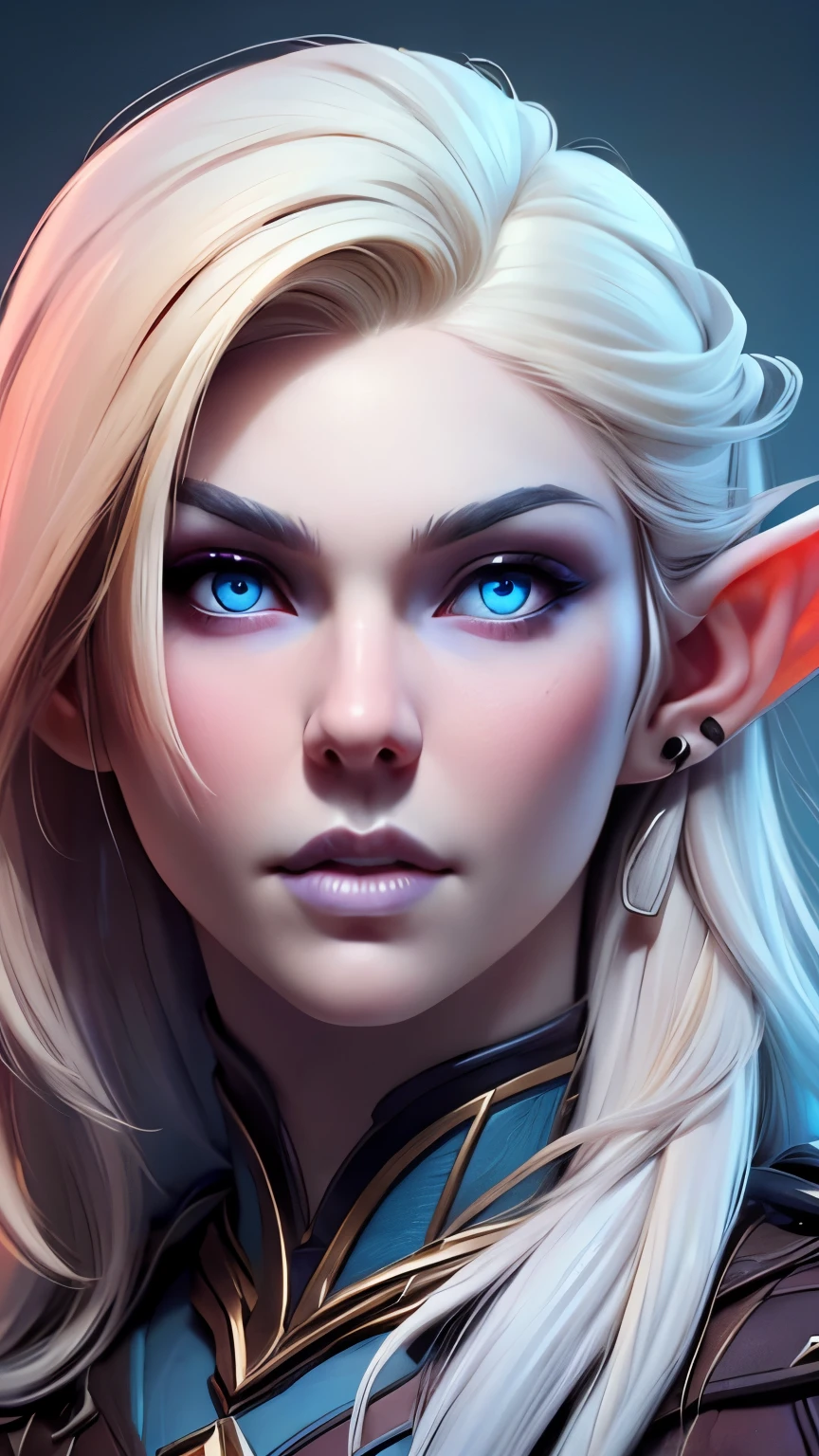 beautiful portait of night_elf female in her 20s with fit body , perfect face feature ,(pale blueish skin:1.5) (blunt bob hair), (blond hair color), (blue eyes color), thick kissable lips , thin nose ,pointy ears, (shenelf)