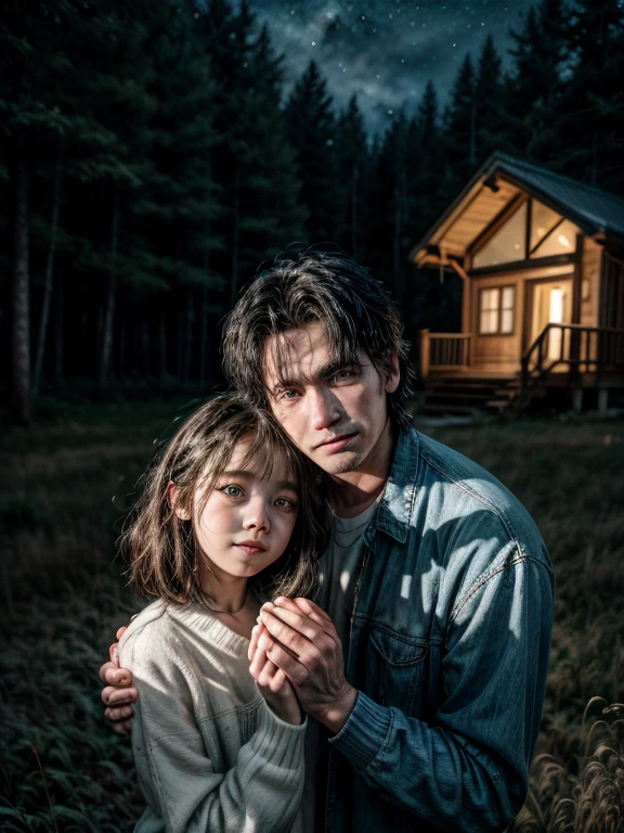 Masterpiece level, amazing style, deep love between father and daughter, elevated shot, the house is on the left side of the frame, the background is night, dark blue, starry sky, very elastic and creative, father wearing white vest and black pants smiling, hands Take the , the  has pretty black hair, the grass and fireflies cover the bottom of the picture, and the tall pine trees on the right form a forest.