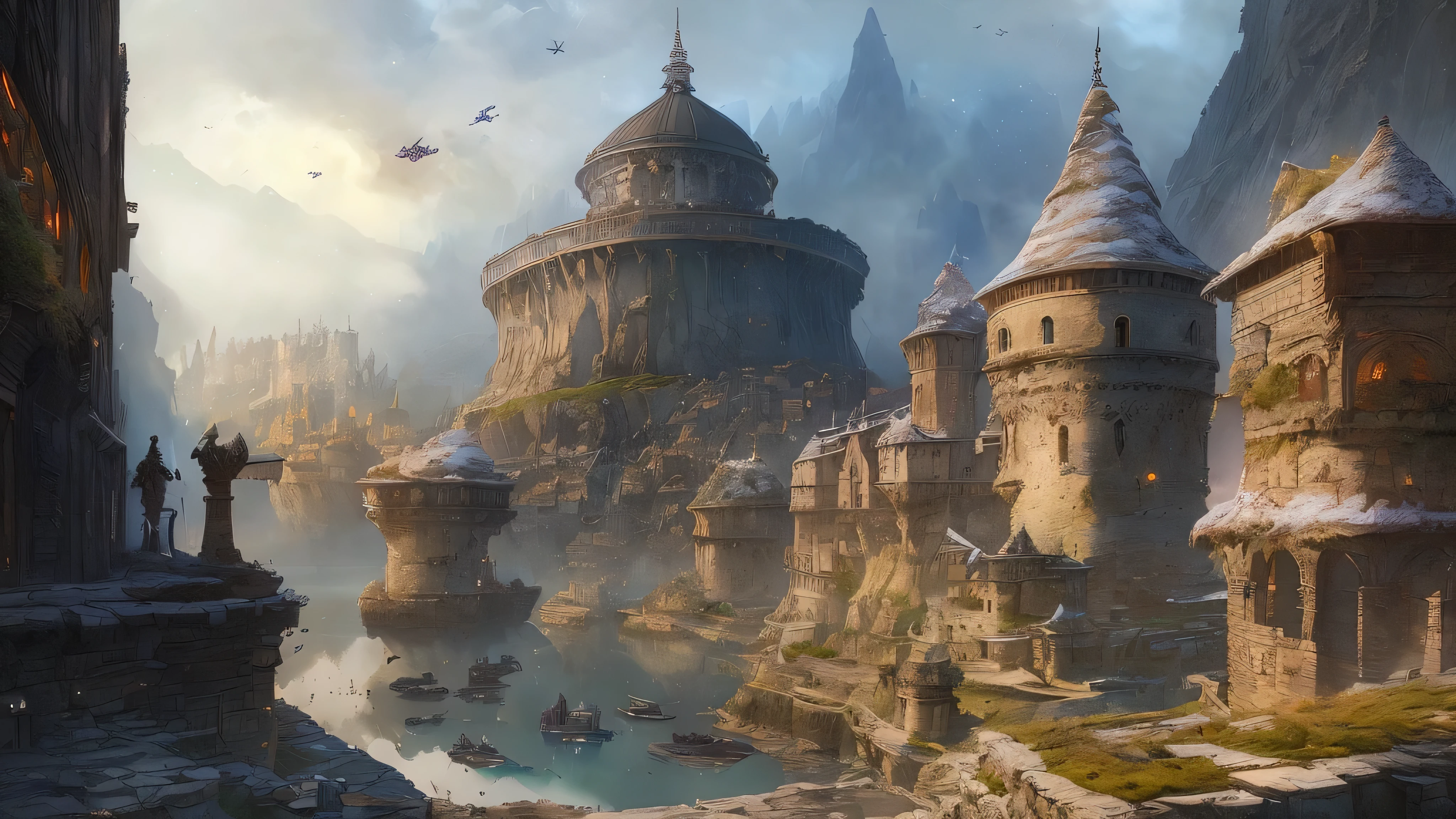 "(by Greg Rutkowski: 1.2), (masterpiece), ((best quality)), extremely delicate and beautiful, illustration, dynamic lighting, (fantasy landscape), A mesmerizing fantasy landscape with enchanting elements blending seamlessly. ((medieval port city (Neverwinter), ships, dungeon and dragons)), A sense of tranquility and wonder fills the air, inviting exploration and discovery. Providing a distant view that captures the grandeur and atmosphere. From Brian Froud and Carne Griffiths and Wadim Kashin and John William Waterhouse, 8K post-production, high resolution, ((highly detailed)), depth of field, HDR, intricate"