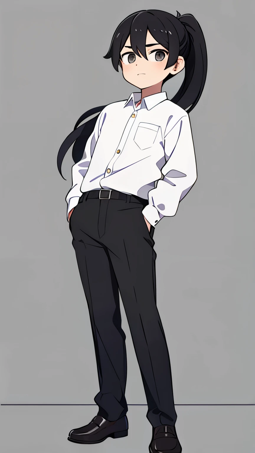 15 year old boy,Long black hair,ponytail,White shirt and grey slacks,Character portrait,Loafers underfoot