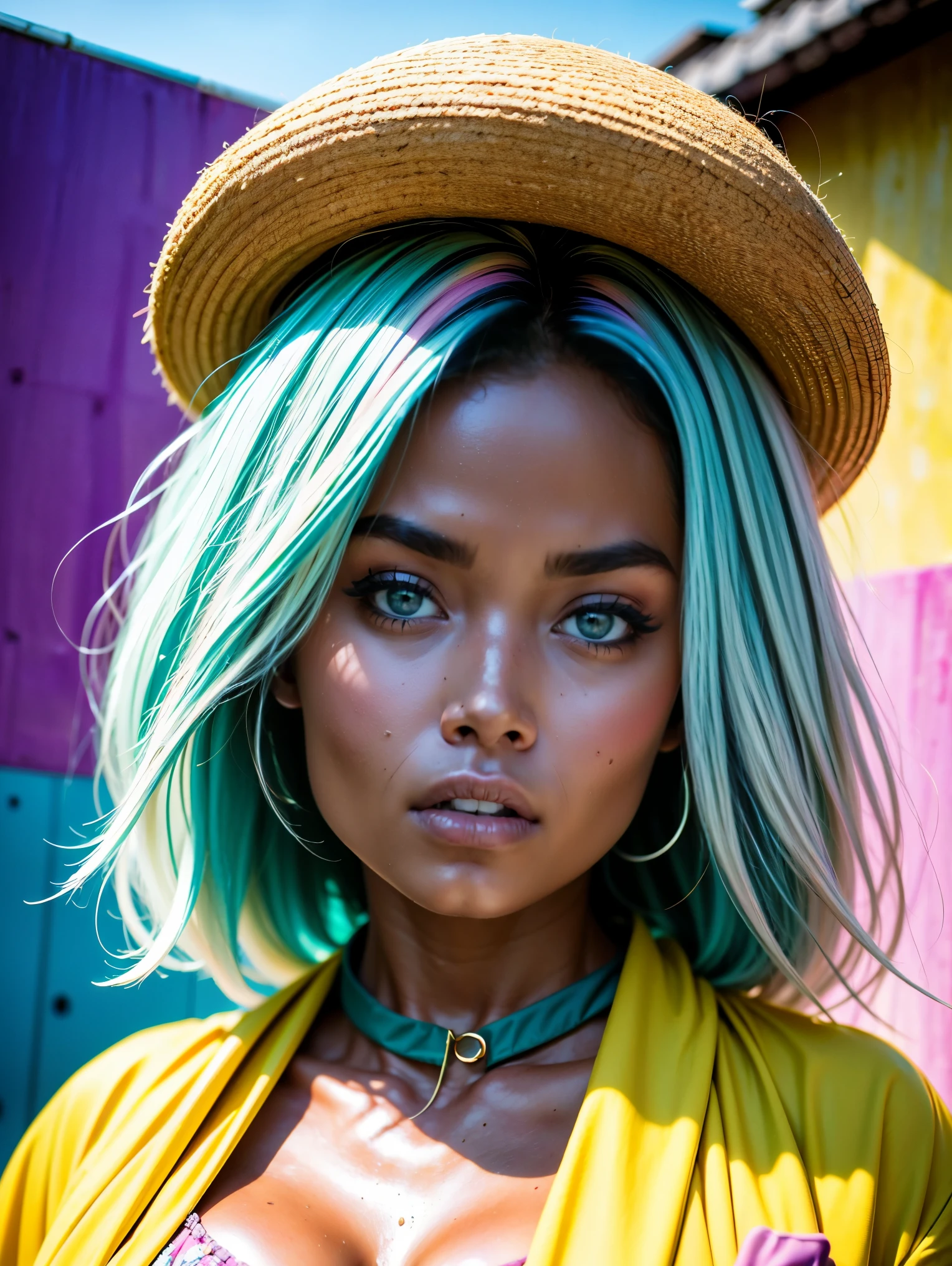 35 year old woman, blue eyes, extremely beautiful, masterpiece,((yellow-blue-pink)) mix multicolor hair, (((surprised face))), ((perfect expression green eyes)), very short curly hair, afro hair,(very short hair), bangs, green and purple hair colour, wearing lace bra with stylish and garish multi colored printed jacket, polka dots, large-breasted, take standing kawaii portrait, multicolor wall background, , staring at camera, ((colorful theme)), eos 5D mark iv with 50mm, ultra highres photography, 8k wallpaper, soft rim light, ((masterpiece, photorealistic, best quality, hyperdetailed:1.2)), pulling shirt, deep cleavage, busty, colourful chest tattoo, weird hat, colourful garish necklace, very strong and intense colours