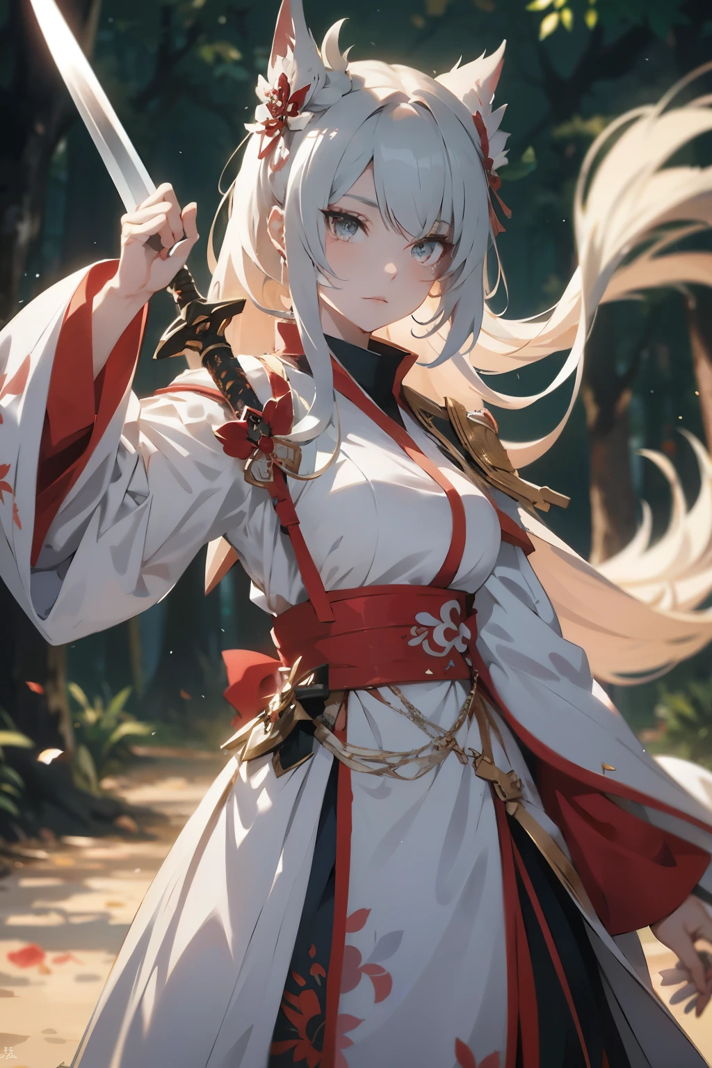 a woman in a white and red outfit holding a sword, detailed anime character art, female anime character, white haired deity, anime character art, onmyoji, ayaka genshin impact, holding a sword on her shoulder, onmyoji detailed art, keqing from genshin impact, onmyoji portrait, from arknights, detailed digital anime art, power instance