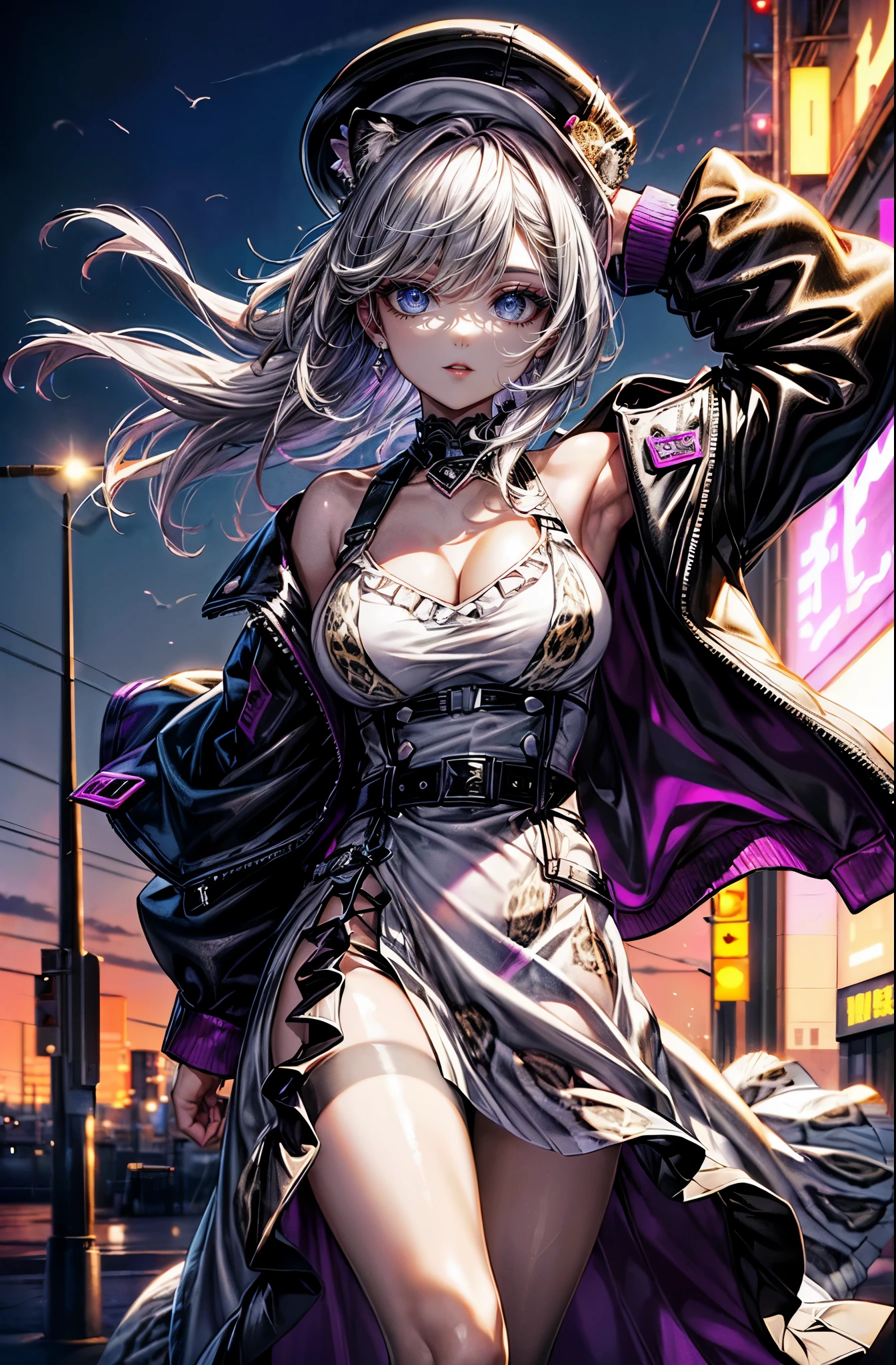 Hyper Quality、8K quality、High resolution、Image quality captured with a single-lens reflex camera、(software)、Perfect Anatomy、(Pink Shorthair、Shoulder-length hair、Inner color purple:1.3)22 year old beauty.Mature face、(Gal Makeup、eyeliner、Red Lip:1.2)、blue eyes(Sharp look:1.4)(Good shape and normal breasts) BREAK (ROCK gal coordination)(Big Hat) ((Black rider jacket on top:1.4)(Wear a draped white leopard print dress underneath、Black sheer innerwear:1.2))(Pink as an accent color)(Gorgeous long skirt with a tight silhouette and satin texture、Plain gold and black stockings)Black stockings and boots、gold earrings、BREAK(Perfect Anatomy:1.4)break(Looking away:1.2)(Asahi、In front of Kobe Airport on a bright early morning:1.3)