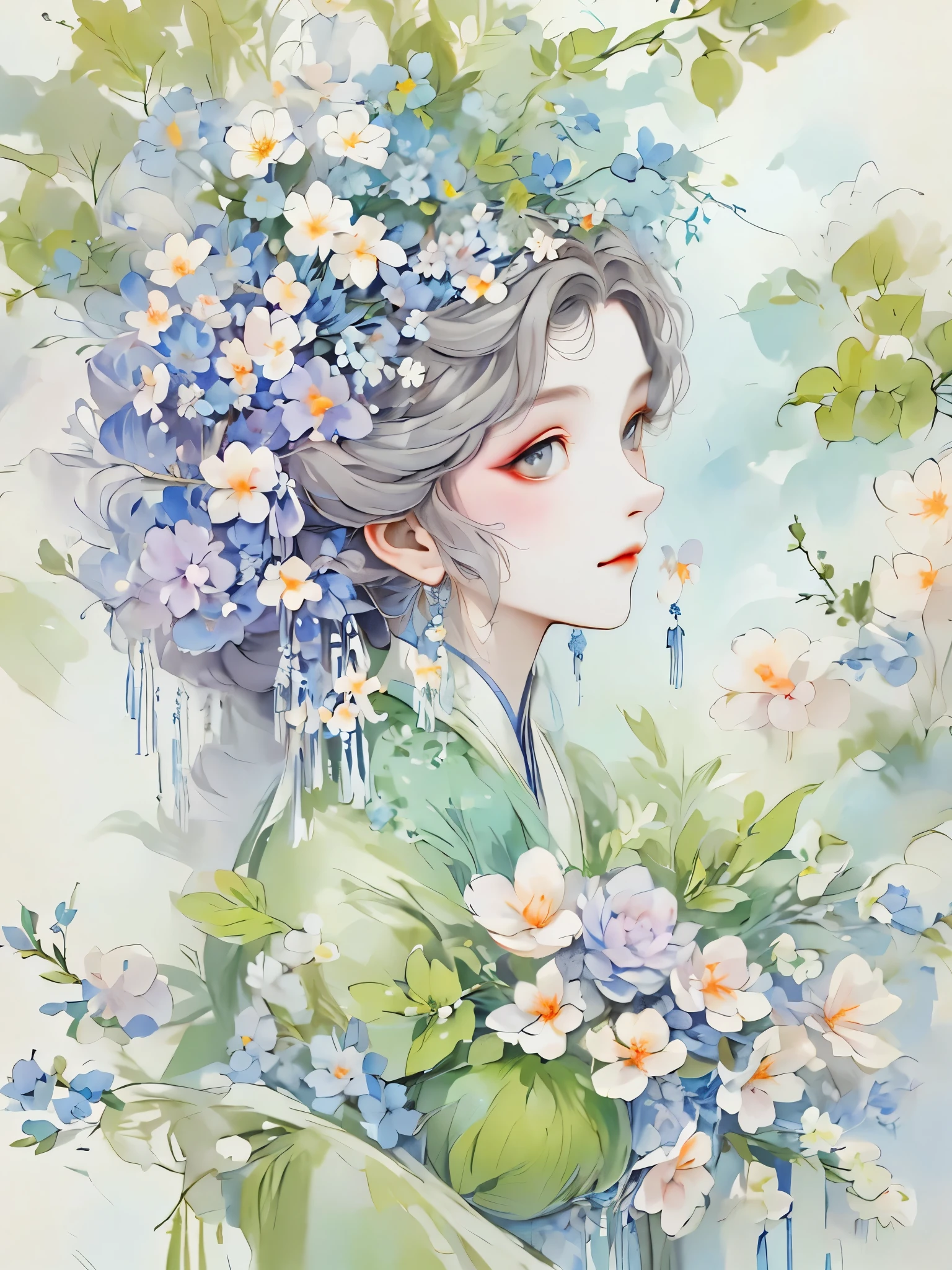 (detailed,high quality)beautiful portrait,garden scene,Art with coloring book page effect。The background should be completely white,And only the outline of the object should be visible。Artwork should have a line art style,Similar coloring book。It should have a mandala with natural decoration。The overall artwork should have a clean line art style,Similar to color book pages。Inspired by the brushwork of Alphonse Mucha,Back to Back,Decorated in Art Nouveau style。Ensures perfect detail and realistic appearance。The subject of the artwork should be gray hair,The outline of the hair is just right,rather than full。