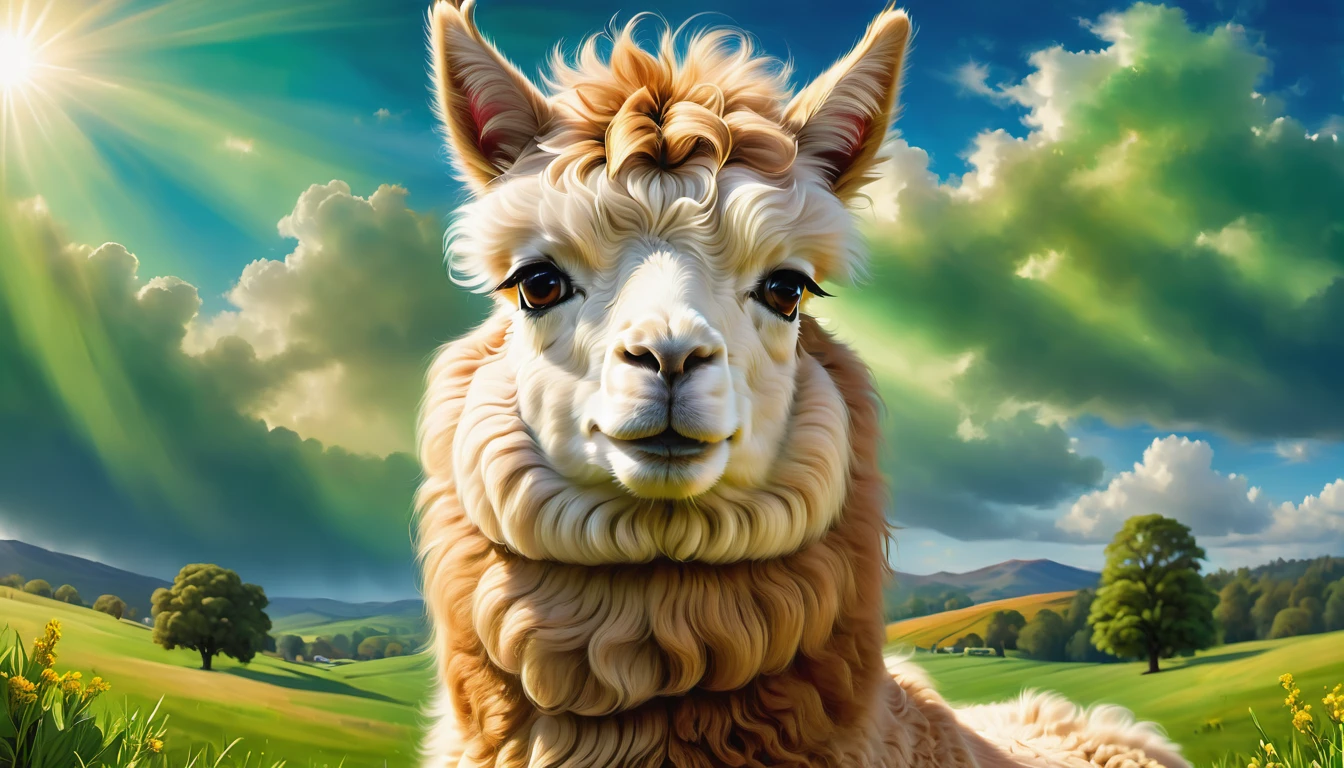 brown alpaca surrounded by green meadows,sunny blue sky with fluffy white clouds,soft and fluffy alpaca wool,joyful expression of the alpaca's face,elegant posture of the alpaca,long eyelashes,curly fur,peaceful and serene atmosphere,natural lighting,bright and vibrant colors,realistic rendering,high-resolution details,meticulous attention to alpaca features,resembling a masterpiece painting.