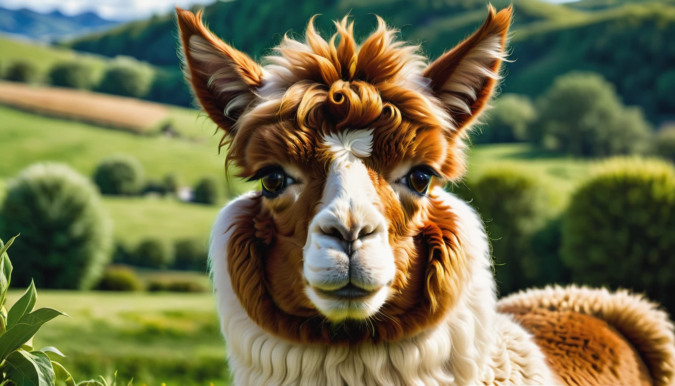 brown alpaca surrounded by green meadows,sunny blue sky with fluffy white clouds,soft and fluffy alpaca wool,joyful expression of the alpaca's face,elegant posture of the alpaca,long eyelashes,curly fur,peaceful and serene atmosphere,natural lighting,bright and vibrant colors,realistic rendering,high-resolution details,meticulous attention to alpaca features,resembling a masterpiece painting.