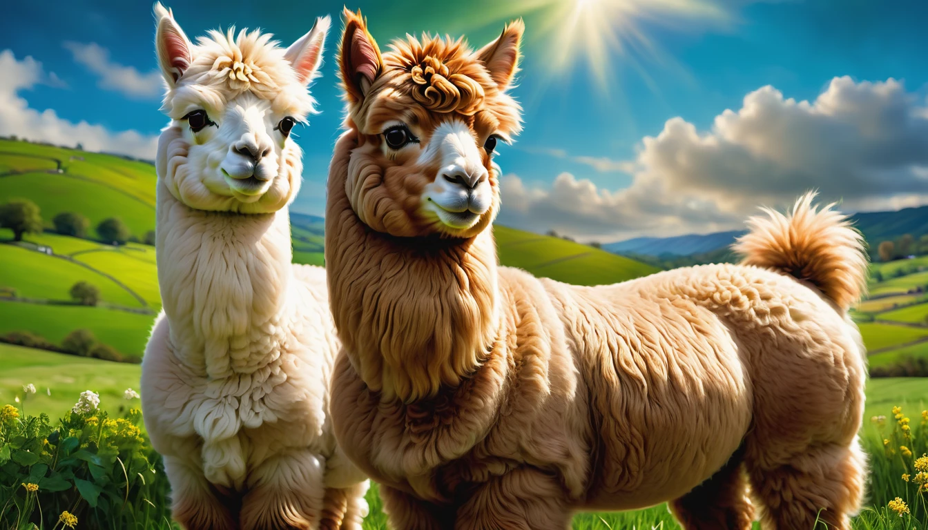 brown alpaca surrounded by green meadows,sunny blue sky with fluffy white clouds,soft and fluffy alpaca wool,joyful expression of the alpaca's face,elegant posture of the alpaca,long eyelashes,curly fur,peaceful and serene atmosphere,natural lighting,bright and vibrant colors,realistic rendering,high-resolution details,meticulous attention to alpaca features,resembling a masterpiece painting.