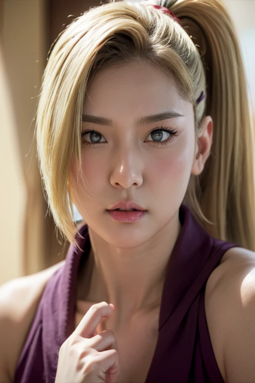 Real life adaption of this character,Asian teen beauty , realistic same hair, realistic outfit, realistic light, realistic shadow, hyper realistic, realism, realistic background,(photorealistic:1.2). Ino / Ino Yamanaka (Ino Yamanaka) / [Boruto: Naruto Next Generation, 1girl,skirt, blonde hair, hair ornament, bare shoulders, closed mouth, green eyes, ponytail, hairclip, hair over one eye, best quality ,ultra Higd ,detail realistic ,sceneHDR pro