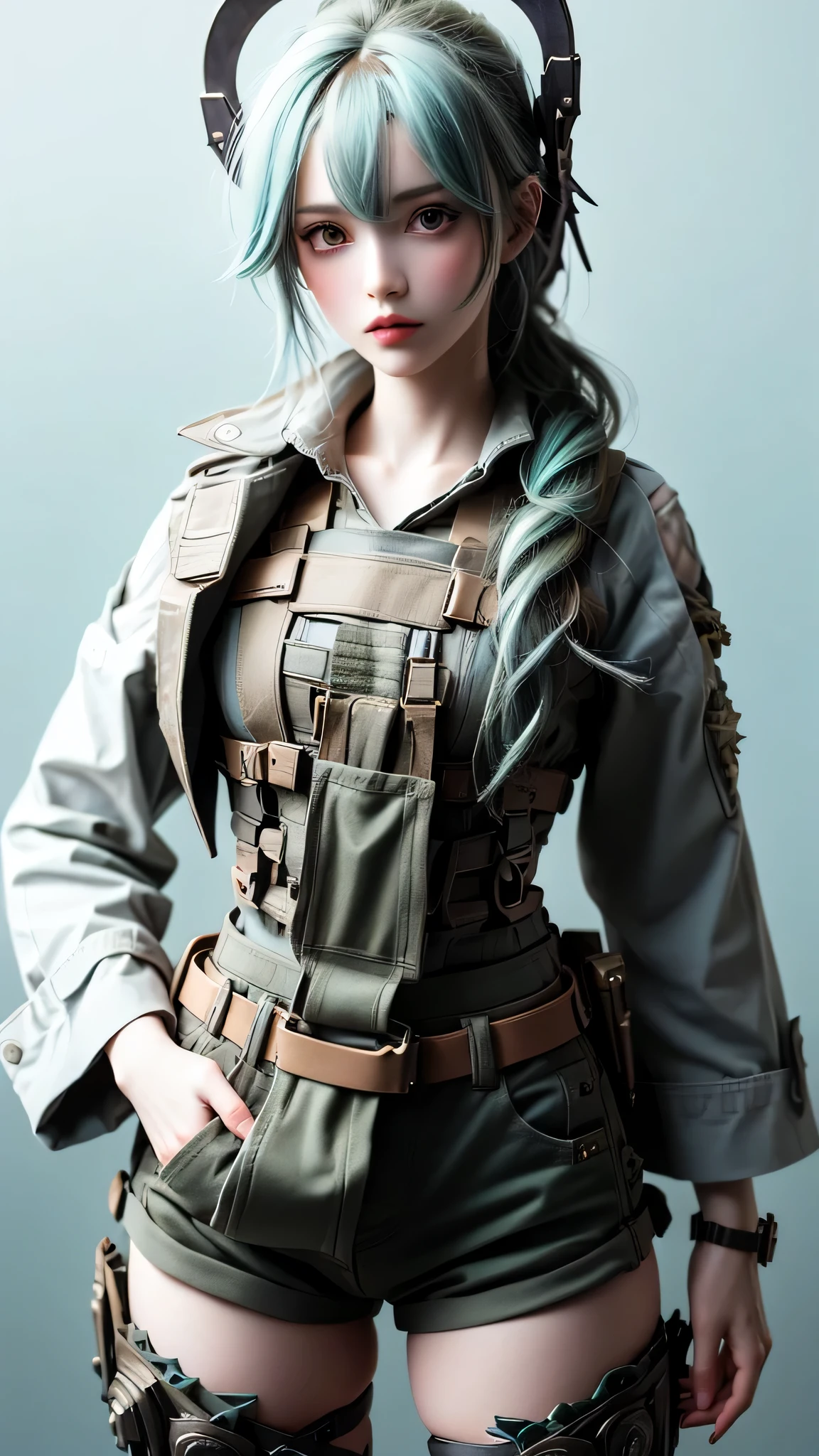 ((Live 2D))  masterpiece, One girl, whole body, Stand up straight, steampunk clothes, uniform, View your viewers, Detailed face, girl with green Wavy Hair, bangs, metal sheep horn, Gradient Hair, Multicolored Hair, Bright green hair, Turquoise hair tips, Wavy Hair, Gradient Eye, Orange eyes, (Simple Background, White Background: 1.3)