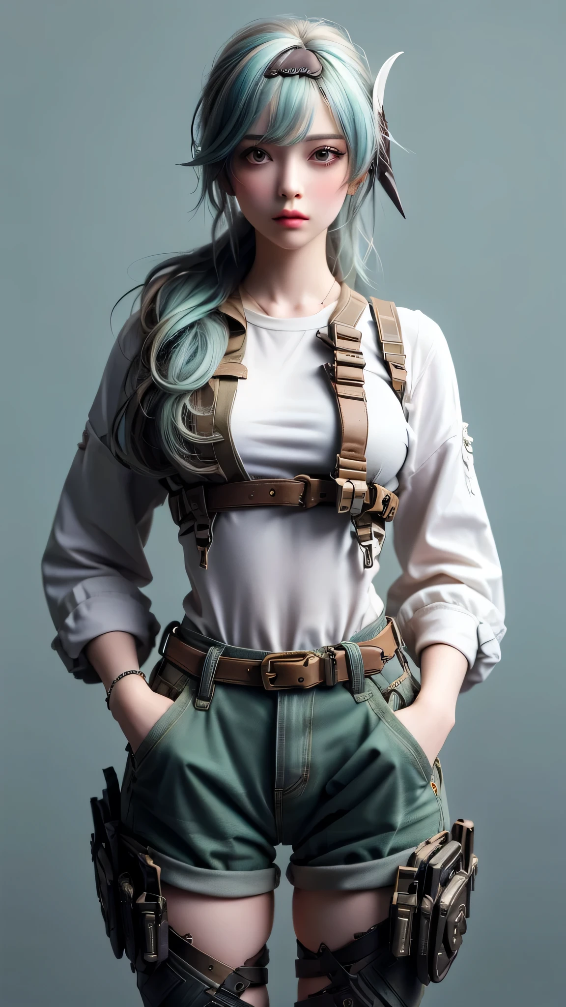 ((Live 2D))  masterpiece, One girl, whole body, Stand up straight, steampunk clothes, uniform, View your viewers, Detailed face, girl with green Wavy Hair, bangs, metal sheep horn, Gradient Hair, Multicolored Hair, Bright green hair, Turquoise hair tips, Wavy Hair, Gradient Eye, Orange eyes, (Simple Background, White Background: 1.3)