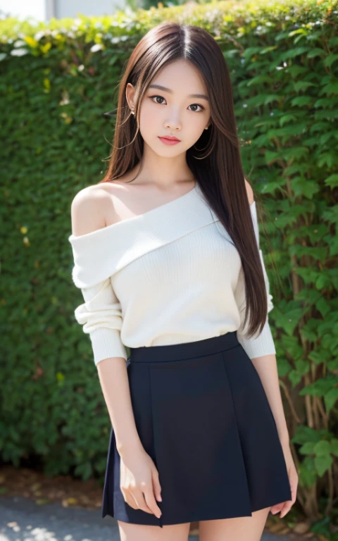 ((Best Quality, 8K, masutepiece: 1.3)), (Sharp Focus: 1.2), 1 girl, Neat and clean beauty, 20 years old, Japanese, Classy and elegant, A pretty girl with perfect figure, Cute, Shy, ((Shoulder-length straight hair swaying in the wind)), Big breasts, sad, (Sweaters: 1.1), Skirt, Highly detailed face and skin texture, Detailed eyes, Picturesque English garden with neatly trimmed hedges and roses