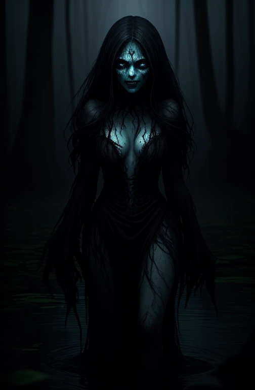assustadora, envolto em panos e trapos, she walks through the swamp like a ghost. Ela tem longos cabelos roxos, many hands, Eyes full of hate, Sorriso Maligno. Long tentacles are visible beneath her dress. She is a complete monster and no one can stop this horror. The swamp is immersed in fog and mist, and the girl hides in the fog to strangle and devour the next victim; Her eyes are clear, vermelho, expressivo, radiate hate. foto de alta qualidade, foto realista, 8k, cinematic quality