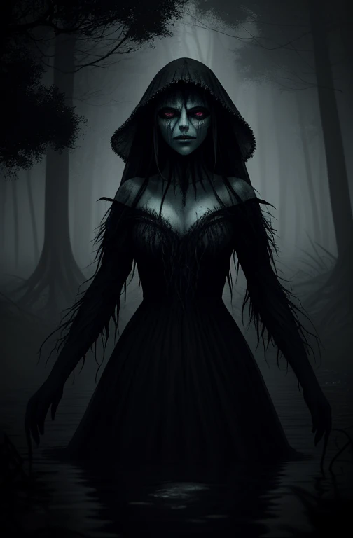 assustadora, envolto em panos e trapos, she walks through the swamp like a ghost. Ela tem longos cabelos roxos, many hands, Eyes full of hate, Sorriso Maligno. Long tentacles are visible beneath her dress. She is a complete monster and no one can stop this horror. The swamp is immersed in fog and mist, and the girl hides in the fog to strangle and devour the next victim; Her eyes are clear, vermelho, expressivo, radiate hate. foto de alta qualidade, foto realista, 8k, cinematic quality