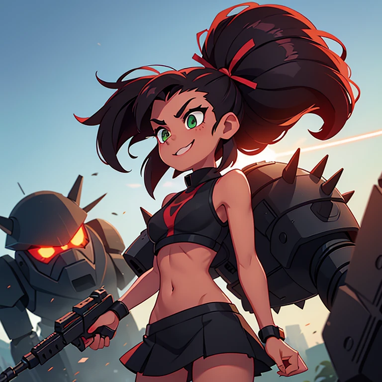 1girl, spiky hair, black hair, Red hair ribbon, Sharp eyes, green eyes, puckers lips, smile, dark skin, Black crop top, Dark red miniskirt, white outline, techno filter, wielding gun, mecha, epic, volumetric lighting, battle against robots,