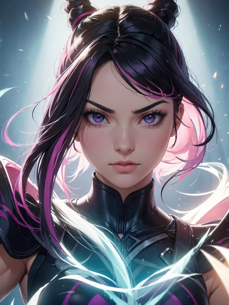 brava,irritada,Juri Han, street fighter(master part, best quality, ultra-detalhado, Melhor sombra), (Antecedentes detalhados, Olhando para o Viewer, Serious, irritado), Rosto detalhado, (best ilumination), ((Cinematic light)), colorido, hiper detalhe, dramatic light, detalhes intrincados