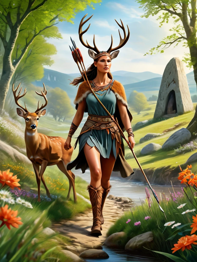 Create a picture of A beautiful fit and athletic Neolithic European Female Deer Hunter in a Neolithic Flowery Woods during Neolithic Spring, detailed beautiful face, carrying her new big and long spears with strong sharp copper tip, wearing hunter leather protection clothing made from natural materials like leather shoes, leaves and bark, running so fast carrying the big and long spears with sharp copper tip chasing the [big alpha male deer in front of her], with a small Neolithic village and ancient standing stones in the background, photorealistic digital painting, vibrant colors, insanely detailed and intricate scene, with wildlife, featuring a meandering river or stream, with more flowers and plants in the foreground.