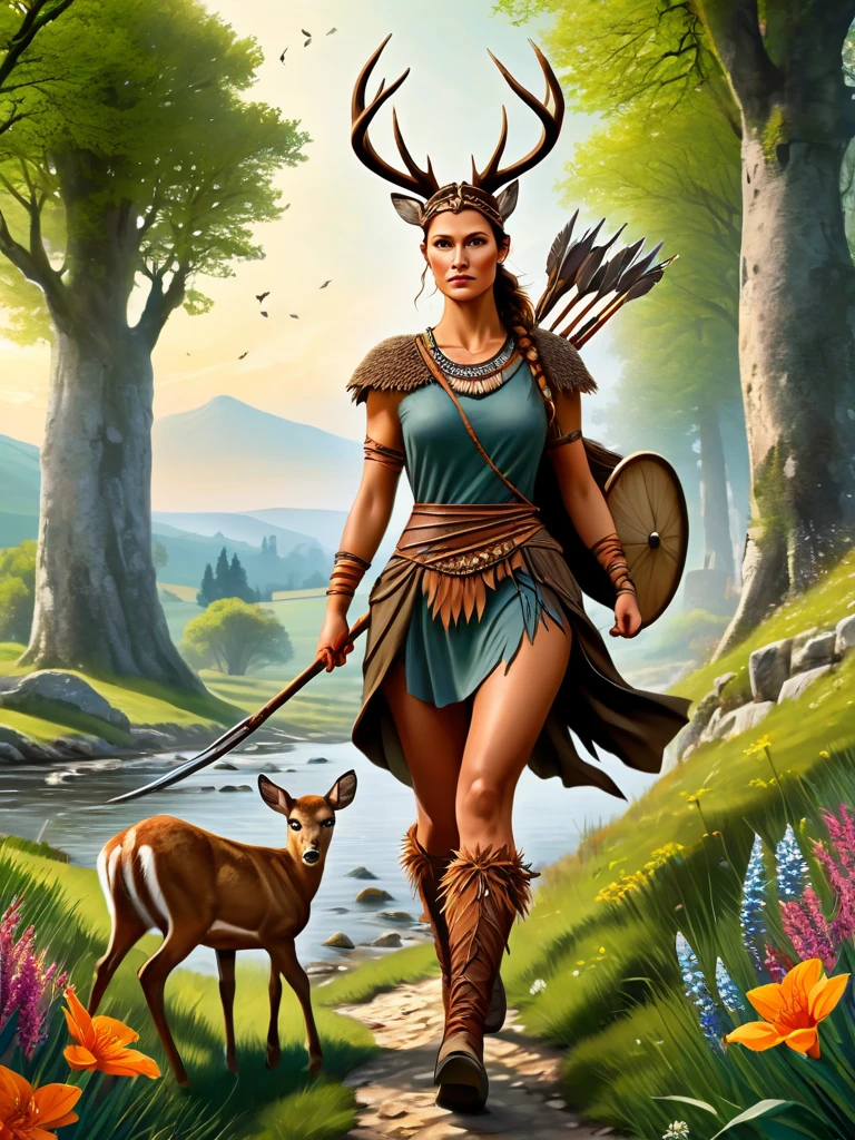 Create a picture of A beautiful fit and athletic Neolithic European Female Deer Hunter in a Neolithic Flowery Woods during Neolithic Spring, detailed beautiful face, carrying her new big and long spears with strong sharp copper tip, wearing hunter leather protection clothing made from natural materials like leather shoes, leaves and bark, running so fast carrying the big and long spears with sharp copper tip chasing the [big alpha male deer in front of her], with a small Neolithic village and ancient standing stones in the background, photorealistic digital painting, vibrant colors, insanely detailed and intricate scene, with wildlife, featuring a meandering river or stream, with more flowers and plants in the foreground.