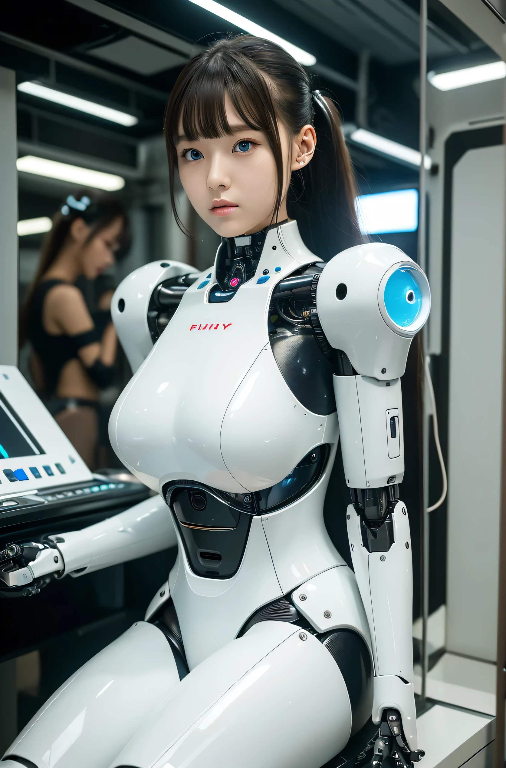masterpiece, Best Quality, Extremely detailed,Japanese android girl,Plump ,a bit chubby, control panels,android,Droid,Mechanical Hand, ,Robot arms and legs, Black hair,Mechanical body,Blunt bangs,White Robotics Parts,perfect robot woman,Charging spot,Long Tube,A thick cable was connected to his neck.,ceramic body ,Mechanical body, mechanical ear covers,android,robot humanoid,Slightly Chubby,pantiy,complete eyes,Perfect machine body,White robot body,The laboratory of the future,android factory,mechanical ear covers,White and light blue uniform,aqua accent costume,blue eyes