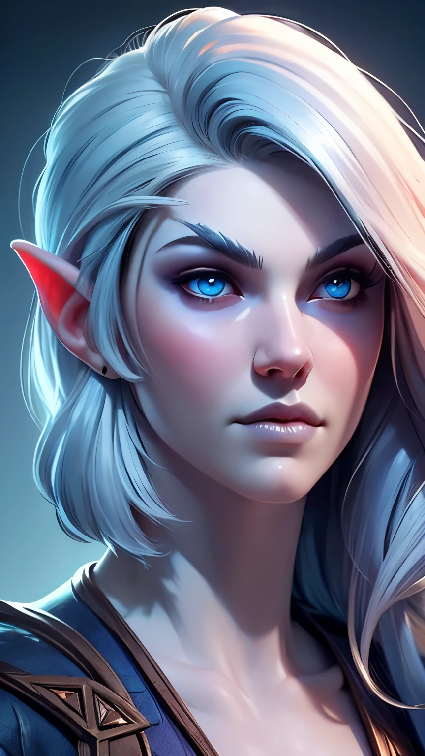 beautiful portait of night_elf female in her 20s with fit body , perfect face feature ,(pale blueish skin:1.5) (blunt bob hair), (silver hair color), (blue eyes color), thick kissable lips , thin nose ,pointy ears, (shenelf)