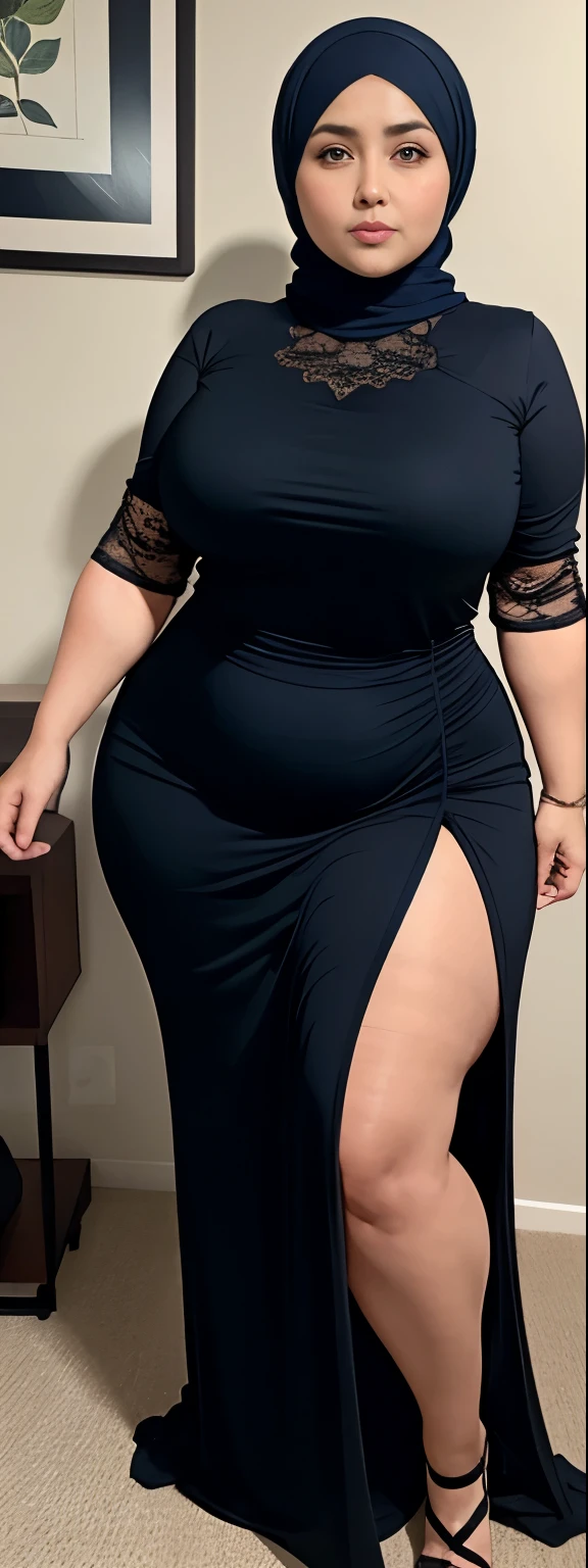 Chubby woman with fat belly and tight thighs, full body, 50-year-old mature woman, thick hips, thick neck, thick chest, big eyes, wearing a longest dress, wearing a hijab, hijabi woman