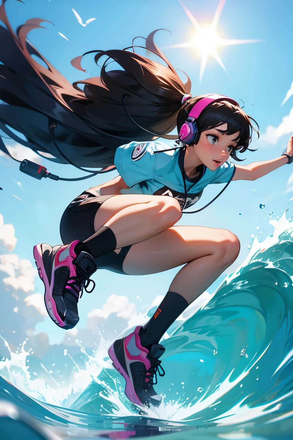 Girl with headphones on a skateboard，Make a splash wherever you go