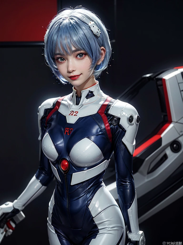 Masterpiece, highest quality, 8K, detailed skin texture, fine cloth texture, beautiful detailed face, intricate details, super detailed, portrait of Rei Ayanami, blue hair, red eyes, looking far away, no background, Evangelion Wearing a plug suit when riding, plug suit, whole body visible, standing, arms crossed, 15 years old, beautiful, cute, great style, smiling
