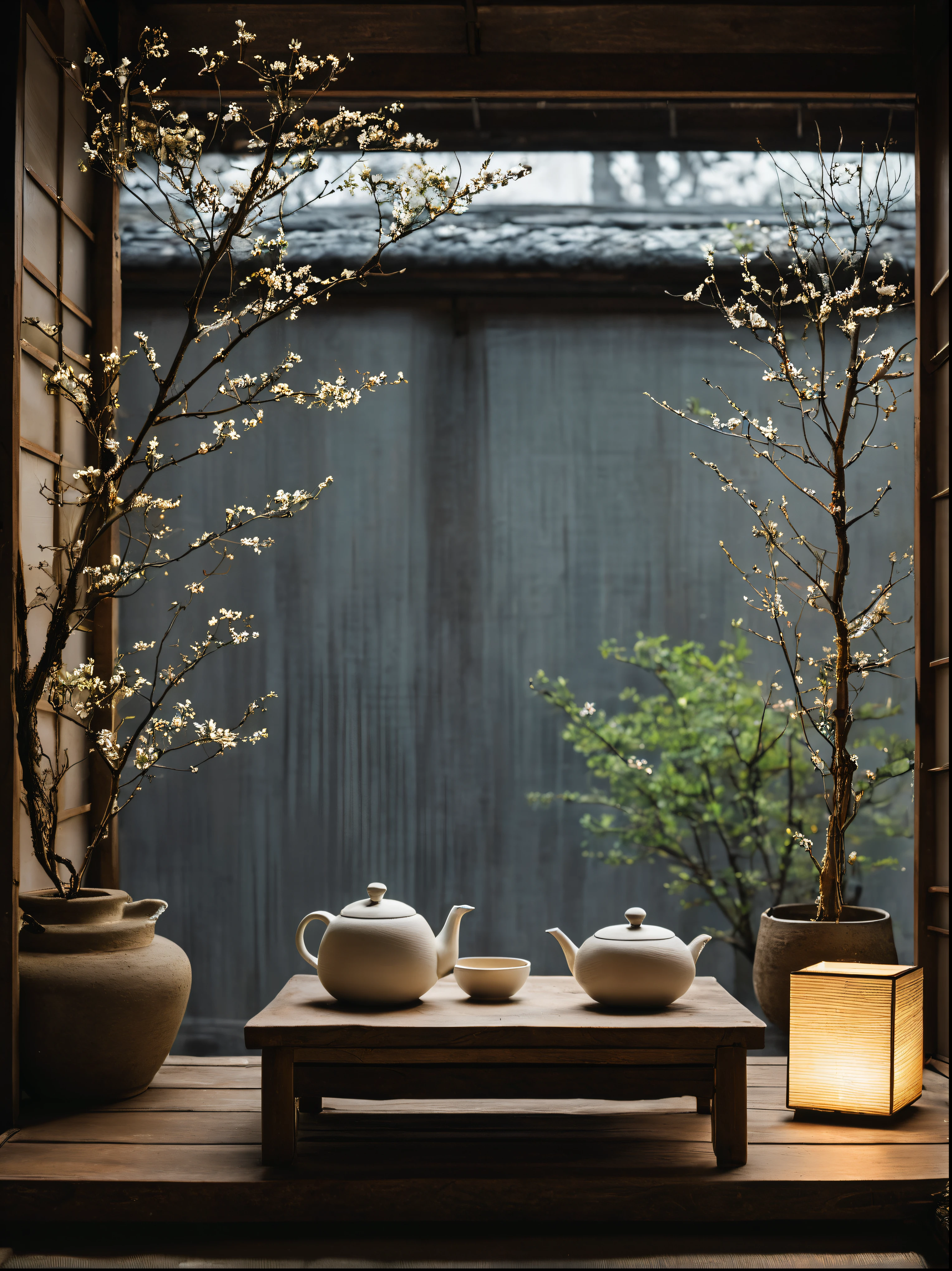 close-up of display window seen from outside, modern and elegant wabi-sabi style, impressively bright, serenidade, not too much detail or color, a personalized presentation of modern japanese zen style, the dilapidated display window seen from the outside, white textured paper lantern, zen-like dead branches in the corner, there are dead branches on the long wooden bench, tea set, tea making, japanese elegant and simple small white ceramic tea set, zen elements, elegant and high-end effect, make it look textured, simple design, hyper hd, ultra-detailed, (super quality, super meticulous, super complex, extremly intricate), soft and natural light and shadow, (burn an incense smoke), without humans, ultra-wide-angle, (detailed texture), background covered with film grain, (nighttime scene, cold light), designed small plants