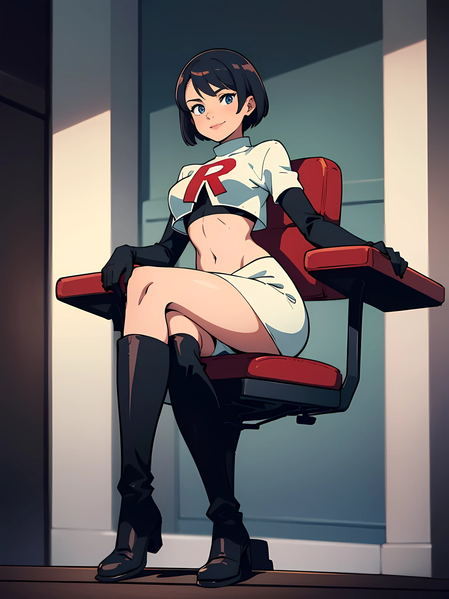 Leonie Pinelli, short hair,,Team Rocket uniform, red letter R, White Skirt,White crop top,Black thigh-high riding boots,Shiny black boots、Black elbow gloves, The whole body is visible,Proud smile,Cross your arms,Sit on a chair,View from directly below,Elevate your legs