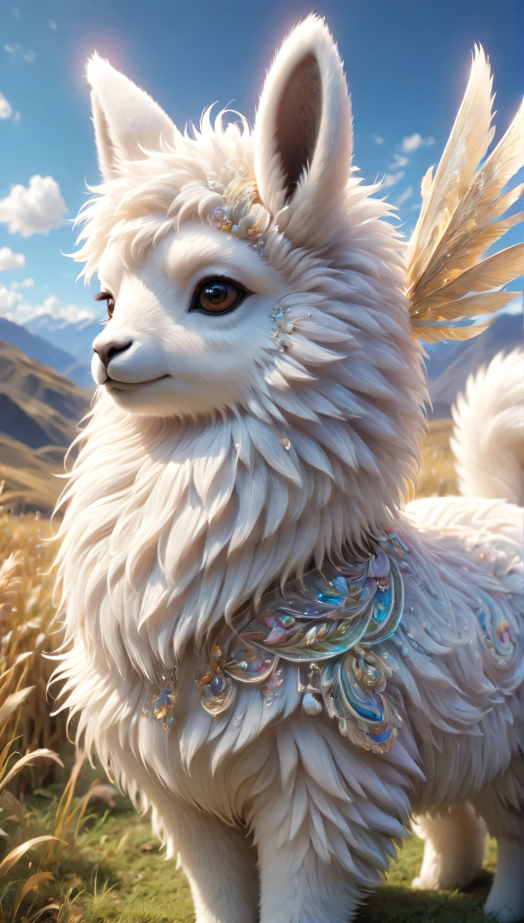 Windscape of the grassland:Andean humid plateau:Highlands of the Andes in South America, from southern Peru to Bolivia,1 Alpaca:white,solo,Fluffy Alpaca,Fluffy texture,Fluffy fur,Wakaya species,cute,National Geographic,Photos taken by a professional photographer,black eye,Eyelashes,最high quality,high quality,Intricate details,Careful to every detail,blurred background,A cute alpaca will welcome viewers.,Photorealistic,Fantasy,,halation,Beautiful light and shadow,flash,very flash,Wind, May has arrived with refreshing weather.,masterpiece,best masterpiece,Intricate details,rendering,Zentangle Elements,8k,Three-dimensional,私mpressive photos that look like paintings,Mokomoko,Smooth hair flow,like a stuffed animal