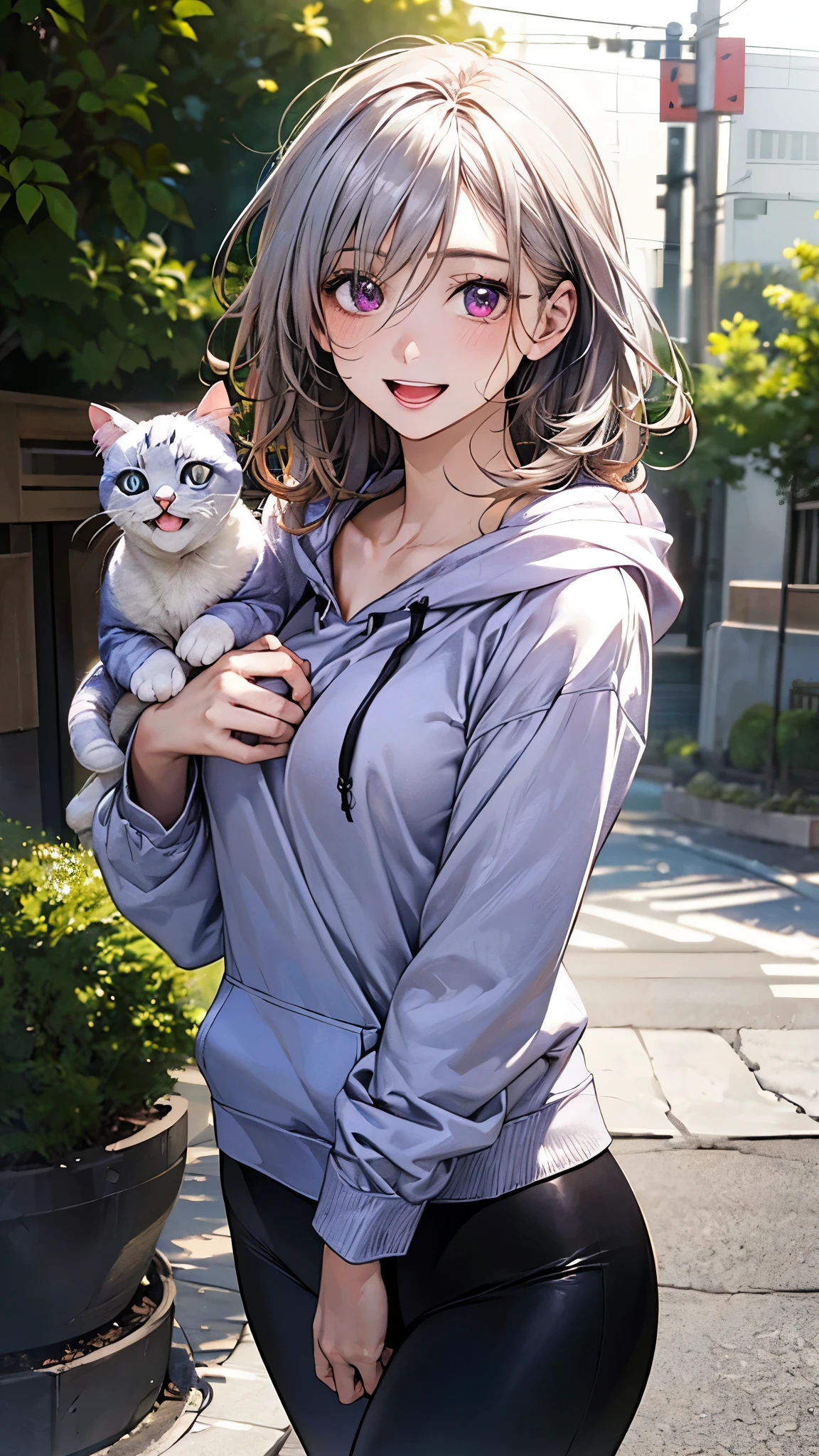 (masterpiece:1.2, top-quality), (realistic, photorealistic:1.4), beautiful illustration, (natural side lighting, movie lighting), nsfw,
looking at viewer, face focus, upper body, 1 girl, japanese, high school girl, perfect face, cute and symmetrical face, shiny skin,
(short hair:1.2, messy hair:1.2, silver hair), hair between eyes, dark red eyes, slant eyes, long eye lasher, (medium breasts), slender,
beautiful hair, beautiful face, beautiful detailed eyes, beautiful clavicle, beautiful body, beautiful chest, beautiful thigh, beautiful legs, beautiful fingers,
((detailed cloth texture, long sleeves white hoodie, open hoodie, purple cat pettern long length shirts, black leggings)),
(beautiful scenery), summer, evening, (outdoors), walking, (lovely smile, open mouth),