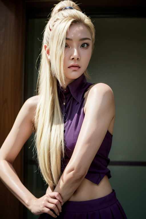 Real life adaption of this character,Asian beauty , realistic same hair, realistic outfit, realistic light, realistic shadow, hyper realistic, realism, realistic background,(photorealistic:1.2). Ino / Ino Yamanaka (Ino Yamanaka) / [Boruto: Naruto Next Generation, 1girl,skirt, blonde hair, hair ornament, bare shoulders, closed mouth, green eyes, ponytail, hairclip, hair over one eye, best quality ,ultra Higd ,detail realistic ,sceneHDR pro