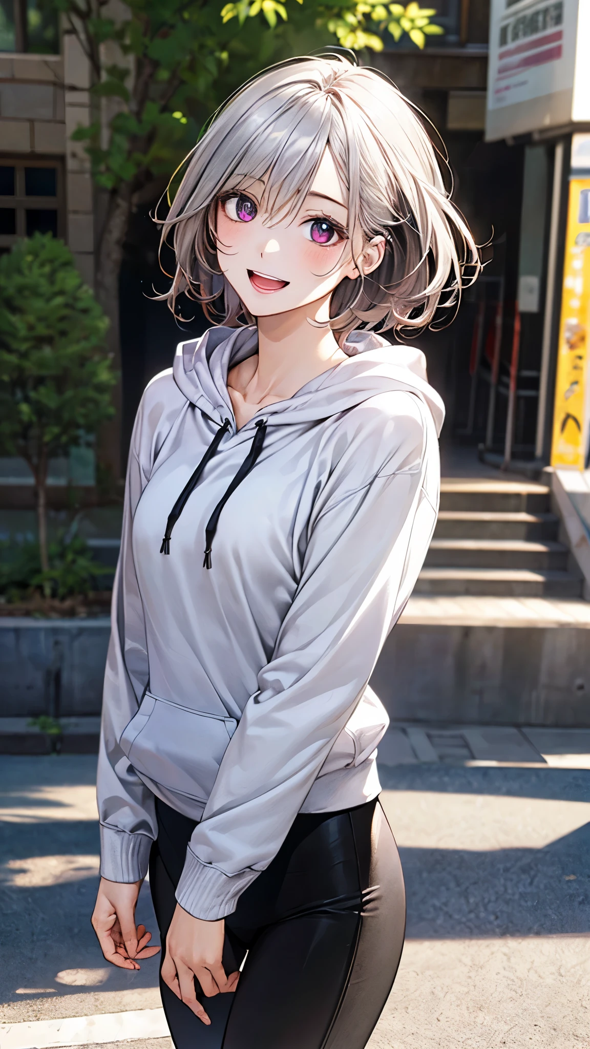 (masterpiece:1.2, top-quality), (realistic, photorealistic:1.4), beautiful illustration, (natural side lighting, movie lighting), nsfw,
looking at viewer, face focus, upper body, 1 girl, japanese, high school girl, perfect face, cute and symmetrical face, shiny skin,
(short hair:1.2, messy hair:1.2, silver hair), hair between eyes, dark red eyes, slant eyes, long eye lasher, (medium breasts), slender,
beautiful hair, beautiful face, beautiful detailed eyes, beautiful clavicle, beautiful body, beautiful chest, beautiful thigh, beautiful legs, beautiful fingers,
((detailed cloth texture, long sleeves white hoodie, open hoodie, purple cat pettern long length shirts, black leggings)),
(beautiful scenery), summer, evening, (outdoors), walking, (lovely smile, open mouth),