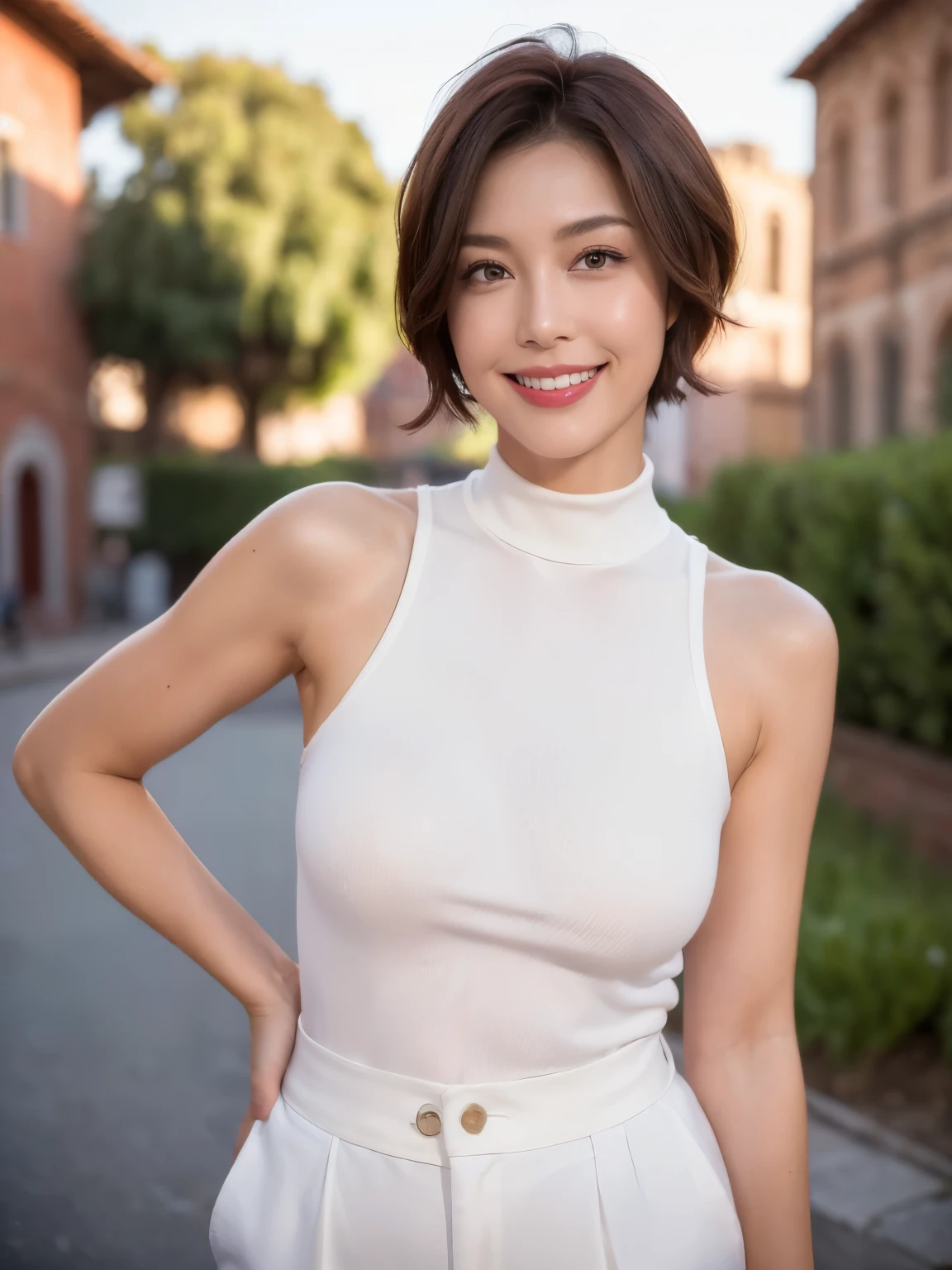 (38 years old), (Black High Neck Sleeveless Shirt:1.2),(white wool pants)、 double eyelid, eyelash, Red Lip gloss, (smile:1), ((close your eyes:0.85)), (Looking at the audience、Are standing), (From above:0.2)、尖ったRed Mouth、(reddish brown wet shiny short hair),Red Mouth,clavicle、 (Photorealistic:1.3),(RAW Photos),(woman standing in front of an old castle, Beautiful lawn, erupt, Bright sunlight in the city of Modena, Italy) , 8k, Very detailed, highest quality, rough skin, Anatomically correct, masterpiece , highest quality, Cinema Lighting, Use perspective throughout , Surrealism , ,(Realistic:1. 3),(RAW Photos) , Black Hair, light smile, short hair, Bobcut, Anaglyph, Stereogram, (Mature Woman:1), (38 years old), ((close:0.5)), Glare, double eyelids, Lip gloss, (smile:1), ((close your eyes:0.85)), Red Mouth, clavicle, ((Looking at the audience)), (short hair of reddish-brown color wet and shiny,), (The whole body is visible) , Slightly thick body type , With eyes wide open , Perfect round eyes , Fine texture