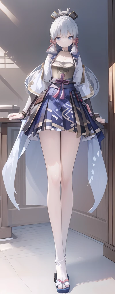 best quality,highres,extremely detailed,1girl,beautiful face,hair ornament,braid,very long_legs:1.5,miniskirt,shirt,kamisato ayaka,long hair,blue hair,ponytail,hair ribbon, hair ornament,mole under eye, blue eyes,breastplate,armor, short sleeves,japanese clothes,blue skirt, tassel,gloves, arm guards,