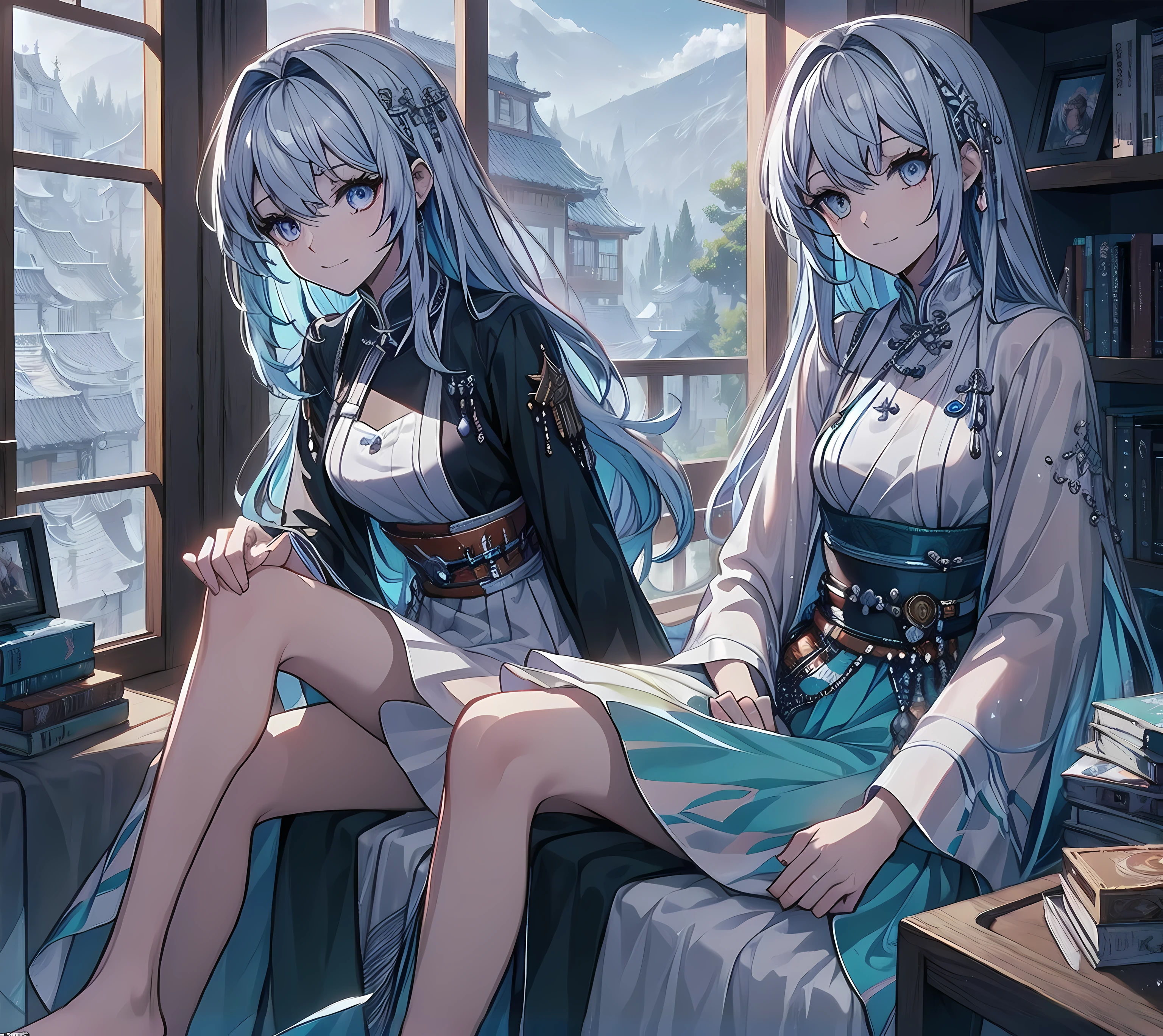 girl,Solitary,mystery,Bright colors,shining, underwater transparent sealed hemispherical glass dome, (white hair),(Purple Eyes), whole body,barefoot,Long hair, quiet and natural, Require,Underwater, dome,close up,dynamic action,Lens perspective,(((Box composition))),Sitting cross-legged on the bookshelf, Volumetric Lighting, Colorful eyes, Delicate eyes, Super detailed,A faint smile, Very detailed, fair, nitty gritty, Ultra Detailed, best quality, Wheels within wheels, 4K, 8k, Popular on artstation, Good anatomy, fair lighting, The award-winning,