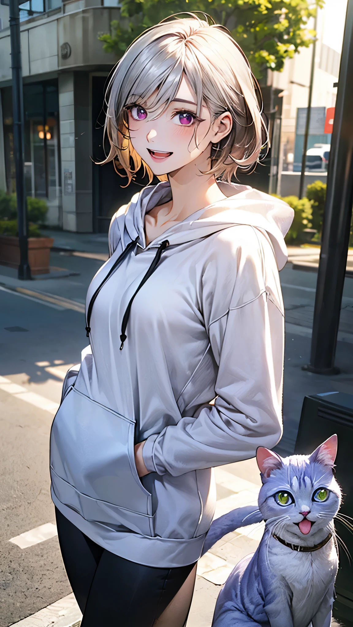 (masterpiece:1.2, top-quality), (realistic, photorealistic:1.4), beautiful illustration, (natural side lighting, movie lighting), nsfw, 
looking at viewer, face focus, upper body, 1 girl, japanese, high school girl, perfect face, cute and symmetrical face, shiny skin, 
(short hair:1.2, messy hair:1.2, silver hair), hair between eyes, dark red eyes, slant eyes, long eye lasher, (medium breasts), slender, 
beautiful hair, beautiful face, beautiful detailed eyes, beautiful clavicle, beautiful body, beautiful chest, beautiful thigh, beautiful legs, beautiful fingers, 
((detailed cloth texture, long sleeves white hoodie, open hoodie, purple cat pettern long length shirts, black leggings)), 
(beautiful scenery), summer, evening, (outdoors), walking, (lovely smile, open mouth), 