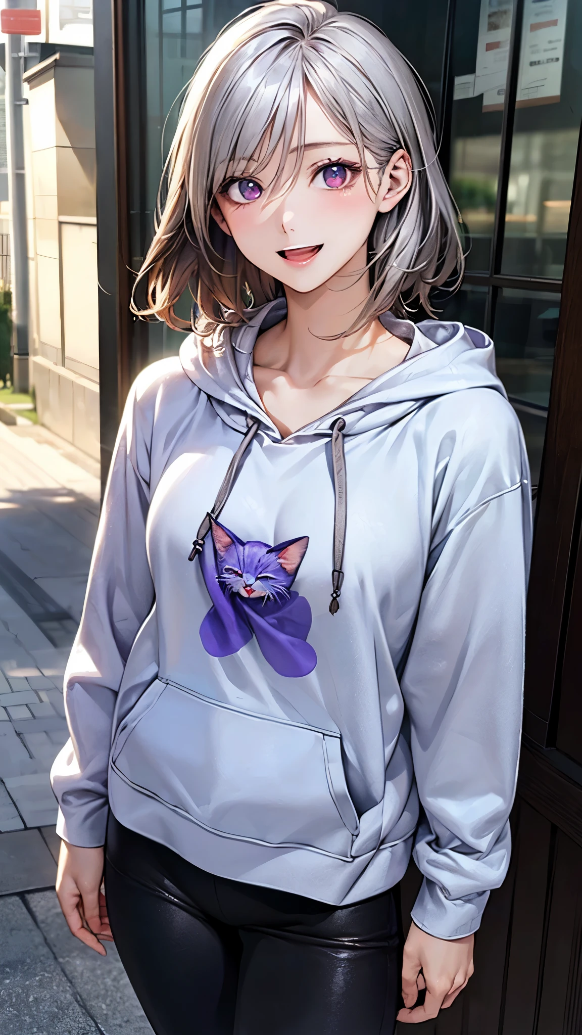 (masterpiece:1.2, top-quality), (realistic, photorealistic:1.4), beautiful illustration, (natural side lighting, movie lighting), nsfw, 
looking at viewer, face focus, upper body, 1 girl, japanese, high school girl, perfect face, cute and symmetrical face, shiny skin, 
(short hair:1.2, messy hair:1.2, silver hair), hair between eyes, dark red eyes, slant eyes, long eye lasher, (medium breasts), slender, 
beautiful hair, beautiful face, beautiful detailed eyes, beautiful clavicle, beautiful body, beautiful chest, beautiful thigh, beautiful legs, beautiful fingers, 
((detailed cloth texture, long sleeves white hoodie, open hoodie, purple cat pettern long length shirts, black leggings)), 
(beautiful scenery), summer, evening, (outdoors), walking, (lovely smile, open mouth), 