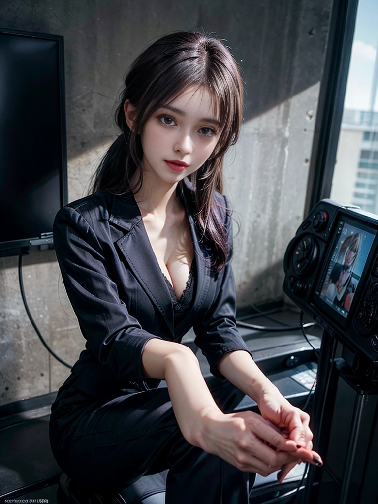 highest quality, detailed, beautiful, insanely detailed, Absurd,Perfect Anatomy,
Japanese women,Black Hair,27 years old,
(thin),
(Small breasts),
thought, Serious expression, (put it on your chin), Long Hair, office lady,(Cream skirt, Long sleeve, Cream jacket:1.1), Light Blue Blouse,(Cleavage:1.3),Earrings, At work, Wide Shot, From above