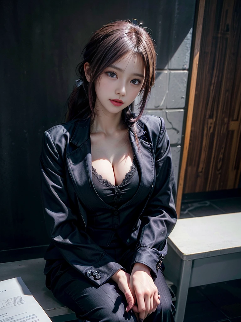 Beautiful woman, 25 years old, high ponytail, bright purple hair, perfect purple hair, Beautiful breasts, (Realistic skin),elegant upper class wearing a black pantsuit, black jacket, white shirt, cleavage visible, black pumps, and a business shirt. Elite secretary, working in the office, wearing a strict business suit, pantsuit style, wearing luxury high heels, girl wearing a shirt, wearing a business suit, wearing a business suit, black nail art, business Wearing a suit, Businessman, Business clothes, Wearing a black business suit, Wearing a white shirt and black jacket, Woman in a business suit, Business suit, Business attire, Raw photo, (8K, highest quality, Masterpiece: 1.2), (Complex Detail: 1.4), (Photoreal: 1.4), Octane Rendering, Complex 3D Rendering Super Detail, Studio Soft Light, Rim Light, Vibrant Detail, Super Detail, Realistic Skin texture, surface details, beautifully detailed eyes, highly detailed CG Unity 16k wallpaper, supplement, (detailed background:1.2),pony tail
