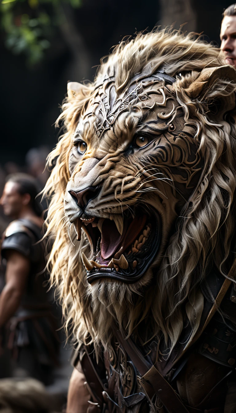 Under the gaze of thousands, the Roman Colosseum becomes a stage for horror. Prisoners tremble as they are met with ravenous lions and relentless gladiators, their bloodcurdling screams becoming the chorus to a macabre show of death, background dark, hyper realistic, face detail, ultra detailed hyper realistic, photorealistic, Studio Lighting, reflections, dynamic pose, Cinematic, Color Grading, Photography, Shot on 50mm lens, Ultra-Wide Angle, Depth of Field, hyper-detailed, beautifully color, 8k