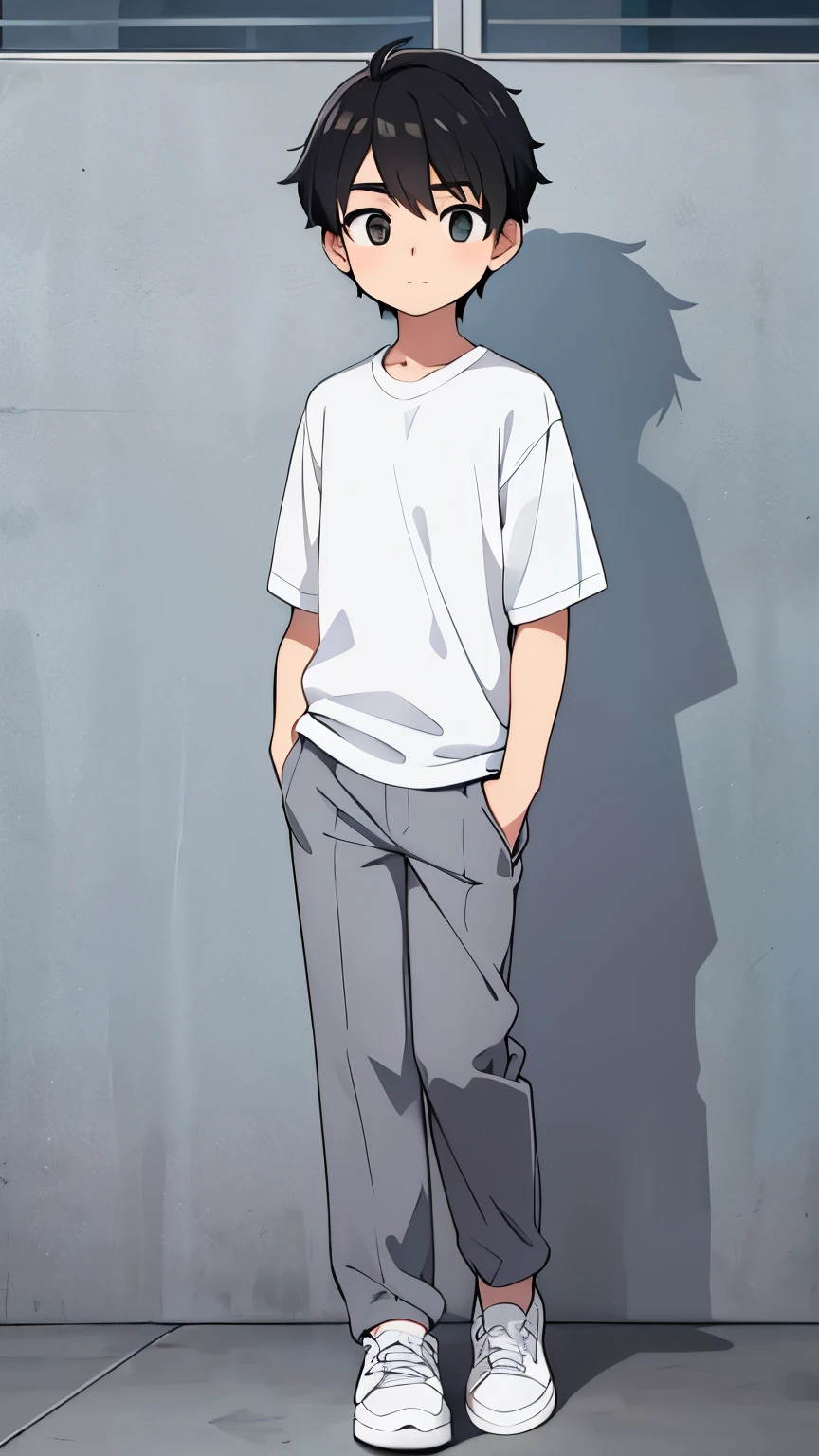 boy,Black Hair,White shirt and grey slacks,Character portrait,Sneakers on my feet