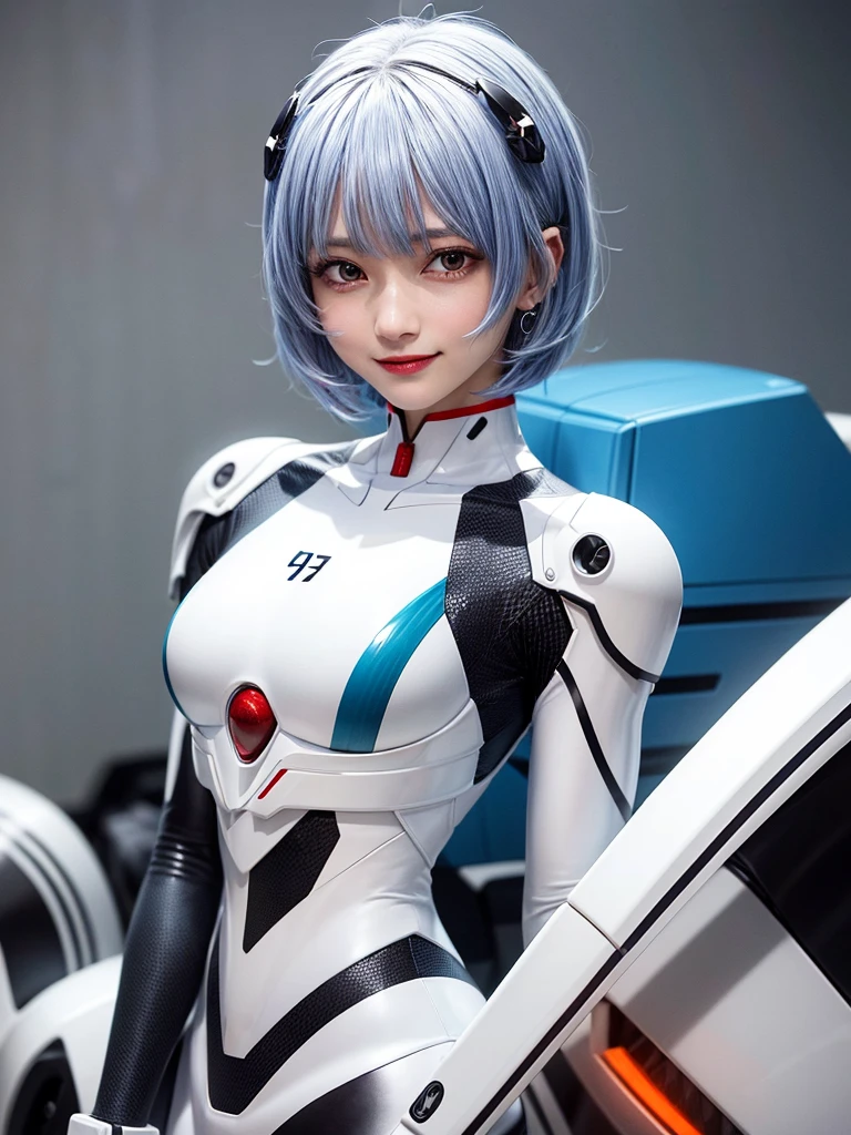 Masterpiece, highest quality, 8K, detailed skin texture, fine cloth texture, beautiful detailed face, intricate details, super detailed, portrait of Rei Ayanami, blue hair, red eyes, looking far away, no background, Evangelion Wearing a plug suit when riding, plug suit, whole body visible, standing, arms crossed, 15 years old, beautiful, cute, great style, smiling
