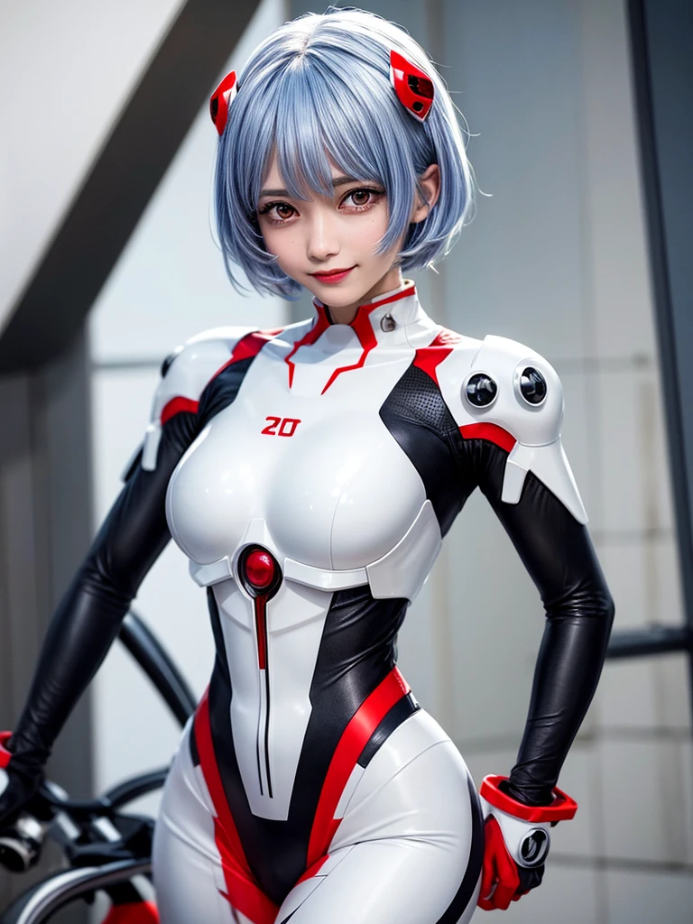 Masterpiece, highest quality, 8K, detailed skin texture, fine cloth texture, beautiful detailed face, intricate details, super detailed, portrait of Rei Ayanami, blue hair, red eyes, looking far away, no background, Evangelion Wearing a plug suit when riding, plug suit, whole body visible, standing, arms crossed, , beautiful, cute, great style, smiling
