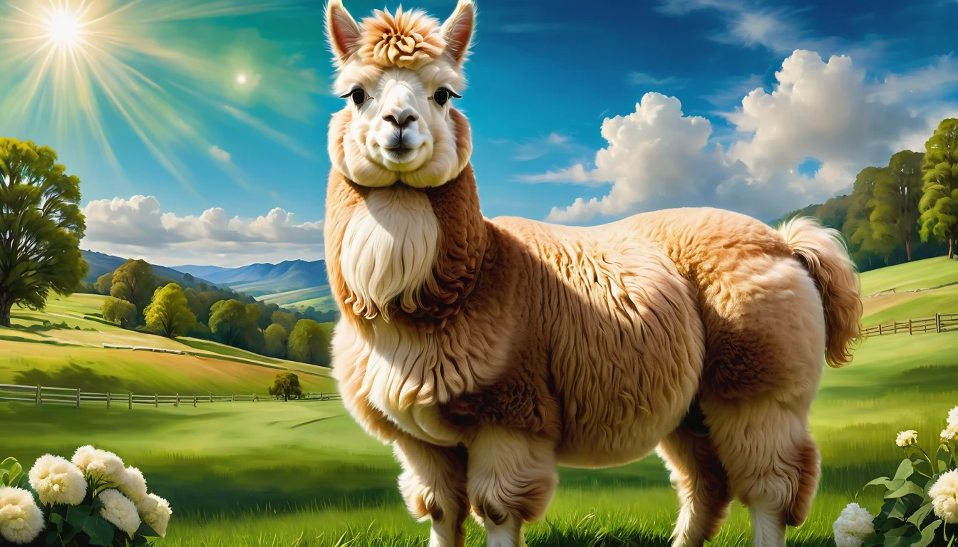 brown alpaca surrounded by green meadows,sunny blue sky with fluffy white clouds,soft and fluffy alpaca wool,joyful expression of the alpaca's face,elegant posture of the alpaca,long eyelashes,curly fur,peaceful and serene atmosphere,natural lighting,bright and vibrant colors,realistic rendering,high-resolution details,meticulous attention to alpaca features,resembling a masterpiece painting.