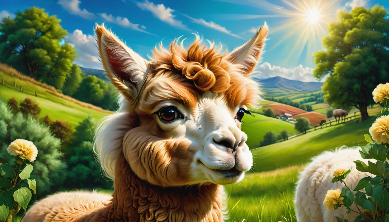 brown alpaca surrounded by green meadows,sunny blue sky with fluffy white clouds,soft and fluffy alpaca wool,joyful expression of the alpaca's face,elegant posture of the alpaca,long eyelashes,curly fur,peaceful and serene atmosphere,natural lighting,bright and vibrant colors,realistic rendering,high-resolution details,meticulous attention to alpaca features,resembling a masterpiece painting.