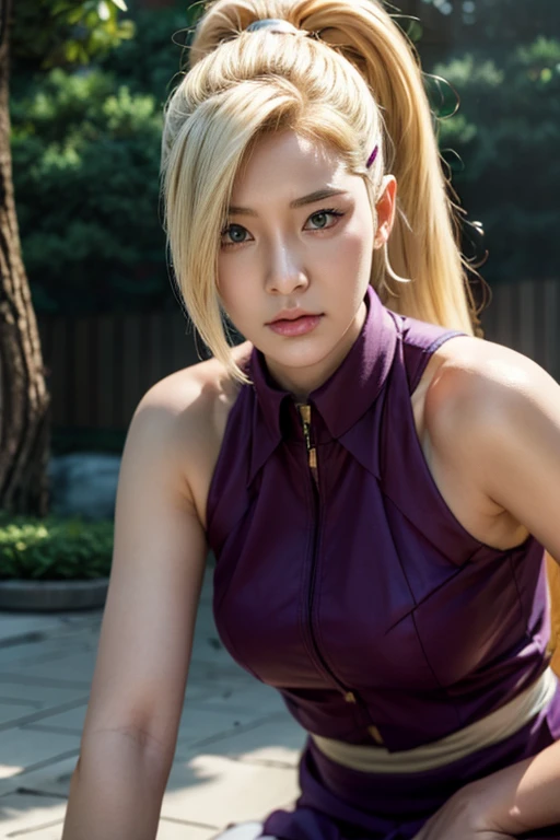 Real life adaption of this character,Asian beauty , realistic same hair, realistic outfit, realistic light, realistic shadow, hyper realistic, realism, realistic background,(photorealistic:1.2). Ino / Ino Yamanaka (Ino Yamanaka) / [Boruto: Naruto Next Generation, 1girl,skirt, blonde hair, hair ornament, bare shoulders, closed mouth, green eyes, ponytail, hairclip, hair over one eye, best quality ,ultra Higd ,detail realistic ,sceneHDR pro