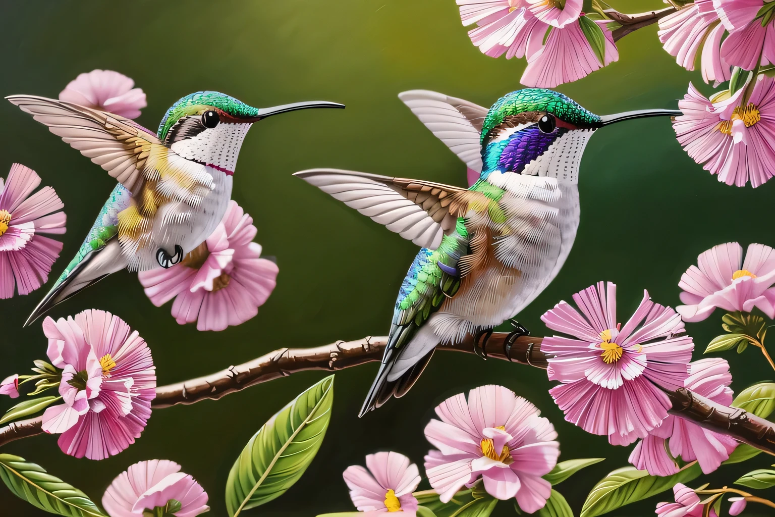 painting of a hummingbird sitting on a branch with flowers, painting of a hummingbird, Detailed 4k, Beautiful art UHD 4K, colorful、Rich in details, A beautiful tall painting, Colorful bird, Beautiful nature, hummingbird, artwork, Artistic 4K, Detailed 4k oil painting, beautiful painting, bee hummingbird