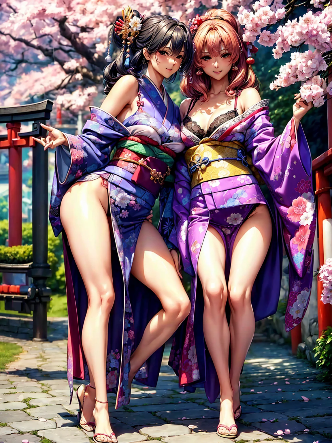 (((highest quality、masterpiece、Very high resolution、High-definition images)))、Beauty Painting、Realistic portraits、One strong-willed beautiful girl:18-year-old、Beautiful body:Slender, beautiful breasts and beautiful legs、Beautiful Face:smile、eyes with strong will,Beautiful Hair 、best skin and hair texture,Realistic skin texture,realistic hair texture、(((Japanese Kimono:Colorful Japanese patterns:Lace bra and panties, revealing shoulders and chest)))、Beautiful waterfront:Lantern:Lantern:Wooden Japanese house、Beautiful cherry blossoms、Stone steps、Beautiful sky、Natural light、Beautiful viewodel pose:Show off your swimsuit、Beautiful pose:Show off your kimono、Model shoot、Gravure photoshoot、Yamato Nadeshiko、Kimono beauty、And dress up beauty、(((The wind is blowing))),Accurate Images:1.5、Accurate anatomy:1.5、Flawless images、Perfect image、Overall image、(Best Shot、Raw photo、Photorealistic)